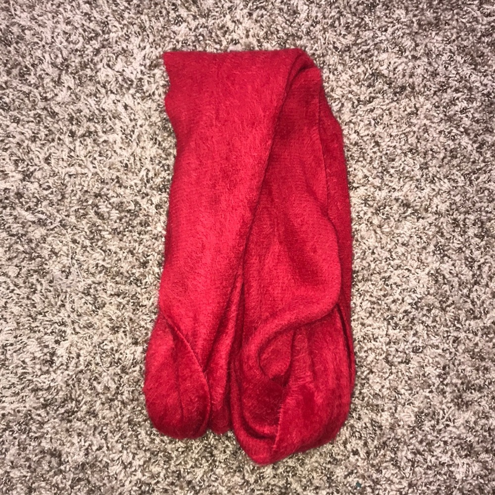 Red fuzzy infinity scarf